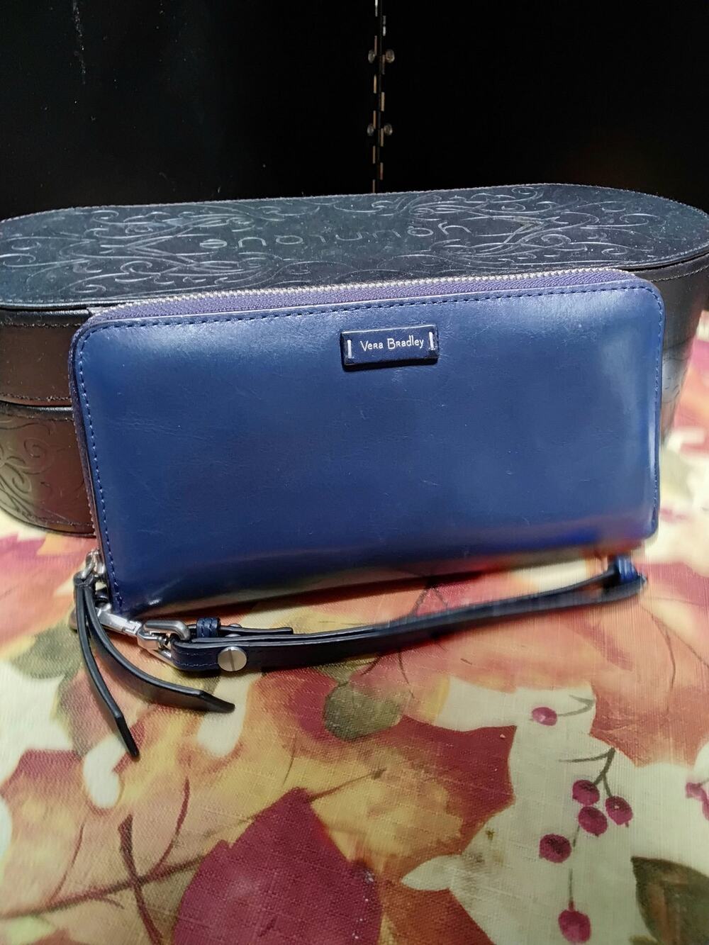 Vera Bradley Navy Blue Leather zip around Wallet so soft Wristlet